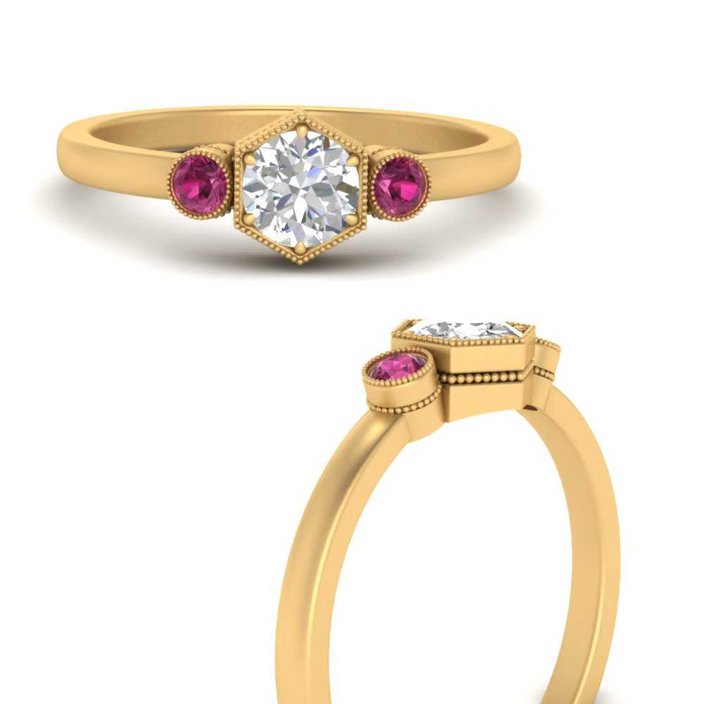 Hexagon Bezel 3 Round Stone Engagement Ring