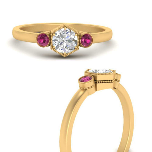 Hexagon Bezel 3 Round Stone Engagement Ring