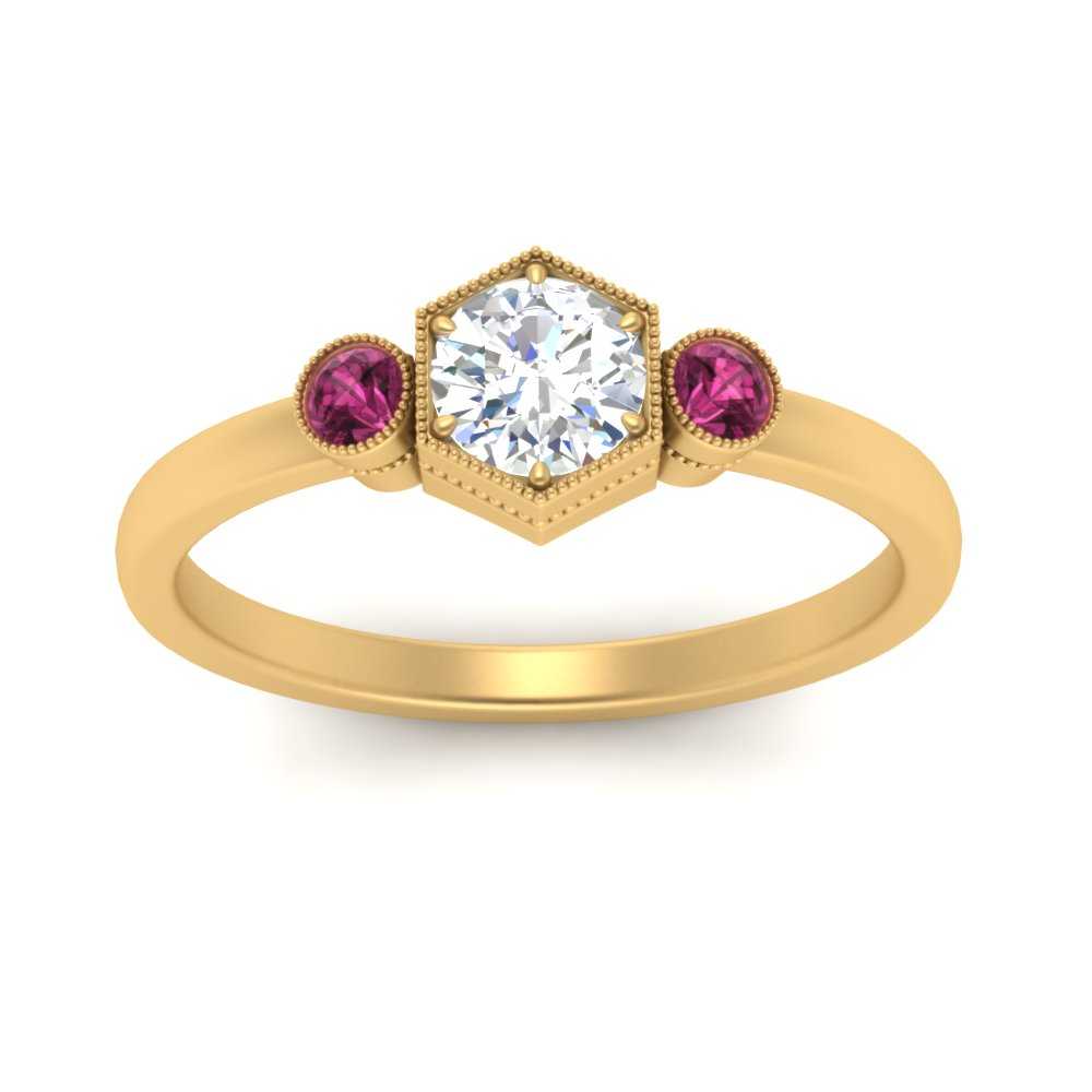 Hexagon Bezel 3 Round Stone Engagement Ring