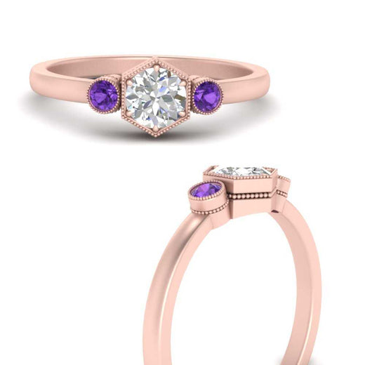 Hexagon Bezel 3 Round Stone Engagement Ring