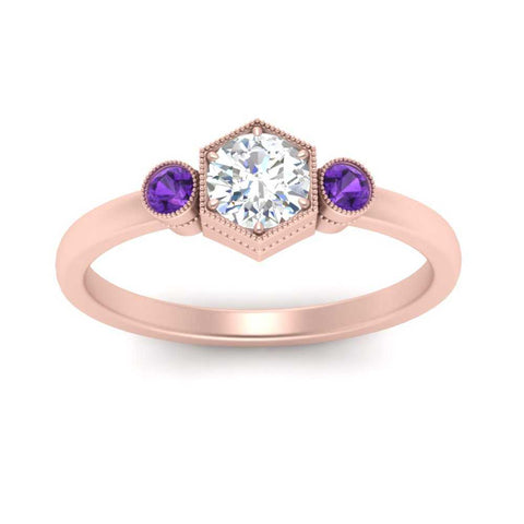 Hexagon Bezel 3 Round Stone Engagement Ring