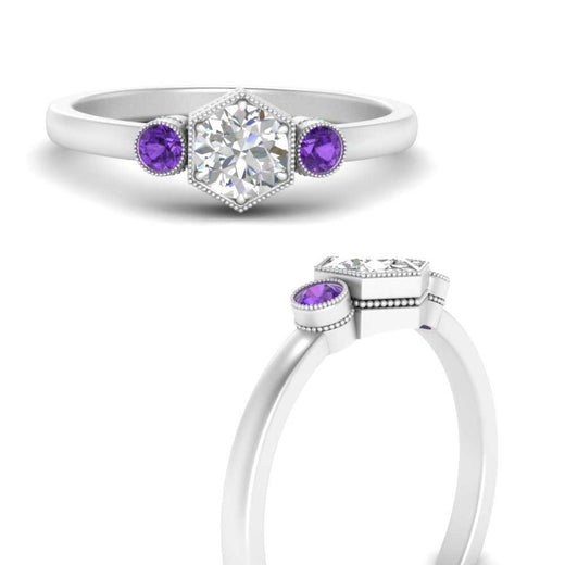 Hexagon Bezel 3 Round Stone Engagement Ring