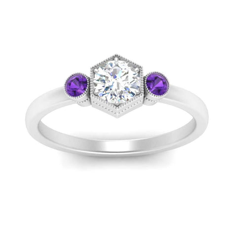 Hexagon Bezel 3 Round Stone Engagement Ring