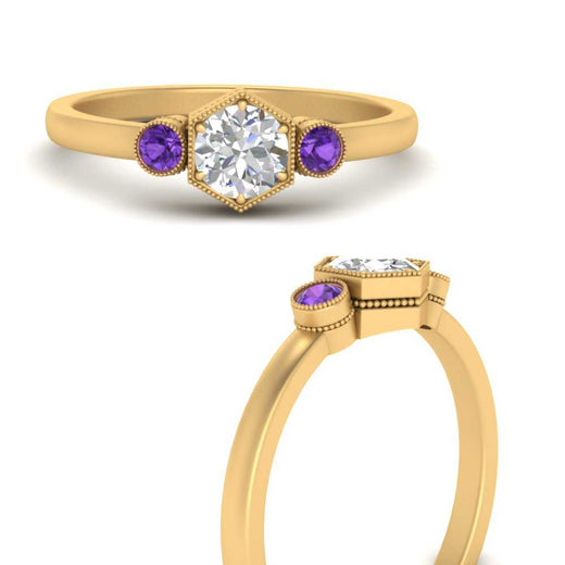 Hexagon Bezel 3 Round Stone Engagement Ring