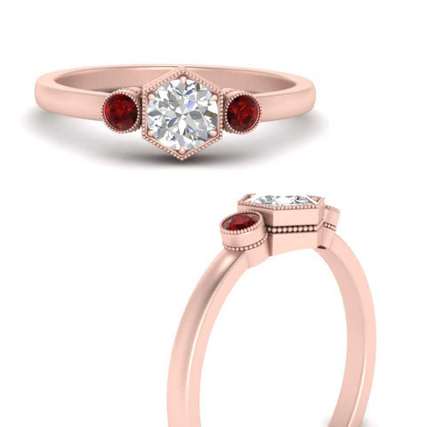 Hexagon Bezel 3 Round Stone Engagement Ring