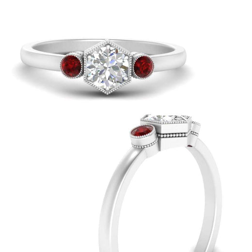 Hexagon Bezel 3 Round Stone Engagement Ring