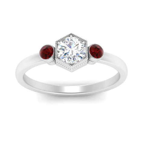 Hexagon Bezel 3 Round Stone Engagement Ring