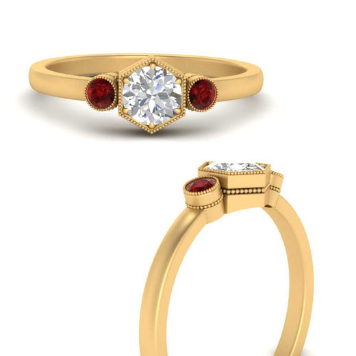 Hexagon Bezel 3 Round Stone Engagement Ring