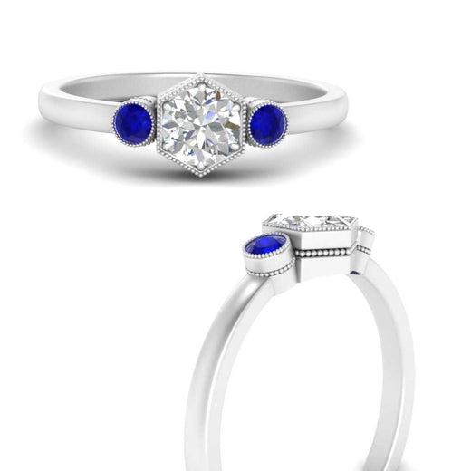 Hexagon Bezel 3 Round Stone Engagement Ring