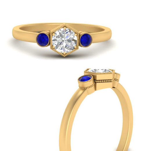 Hexagon Bezel 3 Round Stone Engagement Ring