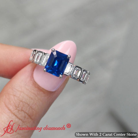 Hidden Halo Emerald Cut Blue Sapphire Engagement Ring