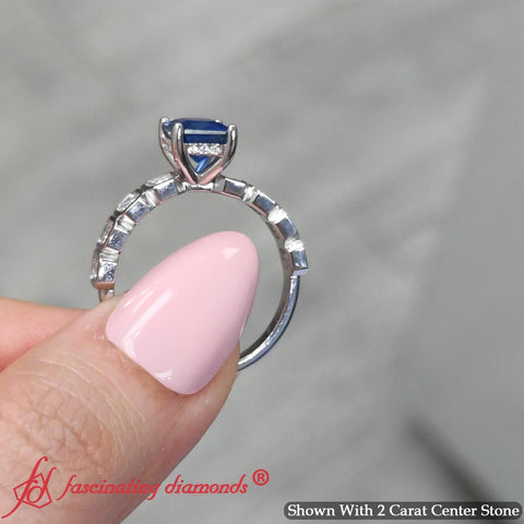 Hidden Halo Emerald Cut Blue Sapphire Engagement Ring