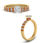 Load image into Gallery viewer, hidden-halo-half-way-cushion-cut-diamond-wedding-ring-set-with-orange-sapphire-in-FD9168CUGSAORANGLE3-NL-YG
