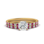 Load image into Gallery viewer, hidden-halo-half-way-cushion-cut-diamond-wedding-ring-set-with-pink-sapphire-in-FD9168CUGSADRPIANGLE3-NL-YG

