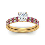 Load image into Gallery viewer, hidden-halo-half-way-cushion-cut-diamond-wedding-ring-set-with-pink-sapphire-in-FD9168CUGSADRPIANGLE3-NL-YG

