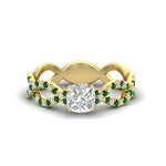 Load image into Gallery viewer, infinity-cushion-cut-twist-diamond-engagement-ring-with-emerald-in-yellow-gold-FD11157CURGEMGRANGLE3-NL-YG
