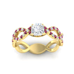 Load image into Gallery viewer, infinity-cushion-cut-twist-diamond-engagement-ring-with-pink-sapphire-in-yellow-gold-FD11157CURGSADRPIANGLE3-NL-YG
