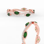 Load image into Gallery viewer, leaf-on-vine-diamond-wedding-band-with-marquise-emerald-in-rose-gold-FD-ENR3211FBGEMGRANGLE3-NL-RG
