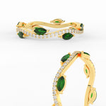 Load image into Gallery viewer, leaf-on-vine-diamond-wedding-band-with-marquise-emerald-in-yellow-gold-FD-ENR3211FBGEMGRANGLE3-NL-YG
