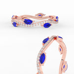 Load image into Gallery viewer, leaf-on-vine-diamond-wedding-band-with-marquise-sapphire-in-rose-gold-FD-ENR3211FBGSABLANGLE3-NL-RG
