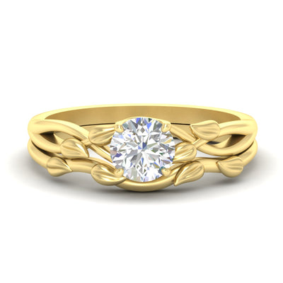 Nature Inspired Round Solitaire Ring With Leaf Band