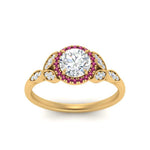 Load image into Gallery viewer, leaves-round-cut-halo-diamond-engagement-ring-with-pink-sapphire-in-yellow-gold-FD9827RORGSADRPIANGLE5-NL-YG.jpg?v=1770891317