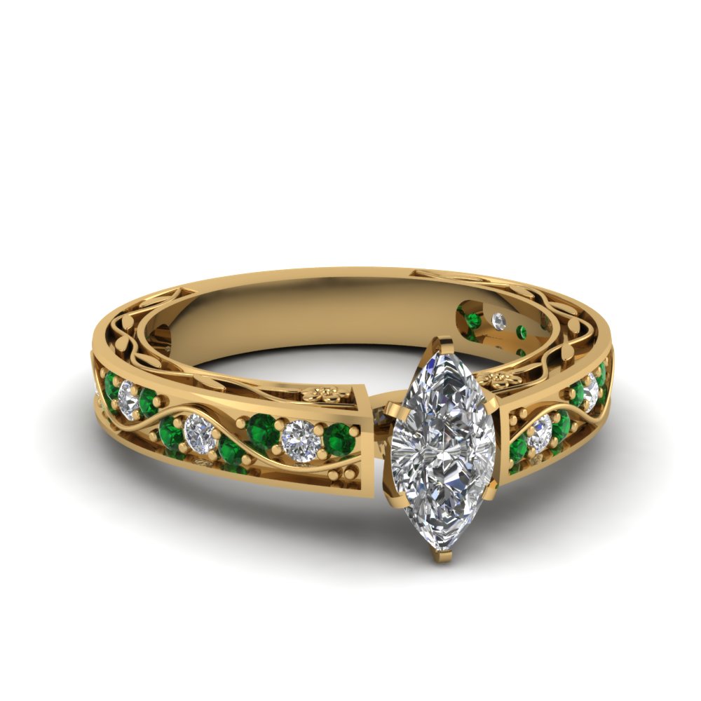 marquise-cut-antique-filigree-diamond-ring-with-emerald-in-14K-yellow-gold-FDENS3543MQRGEMGR-NL-YG