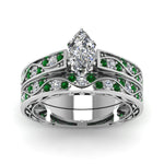 Load image into Gallery viewer, marquise-cut-antique-filigree-wedding-ring-set-with-emerald-in-white-gold-FDENS3543MQGEMGRANGLE5-NL-WG.jpg