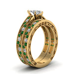 Load image into Gallery viewer, marquise-cut-antique-filigree-wedding-ring-set-with-emerald-in-yellow-gold-FDENS3543MQGEMGRANGLE2-NL-YG.jpg
