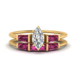Load image into Gallery viewer, marquise-cut-bar-set-pink-sapphire-ring-with-matching-3-baguette-wedding-band-in-FDENS100MQGSADRPI-NL-YG

