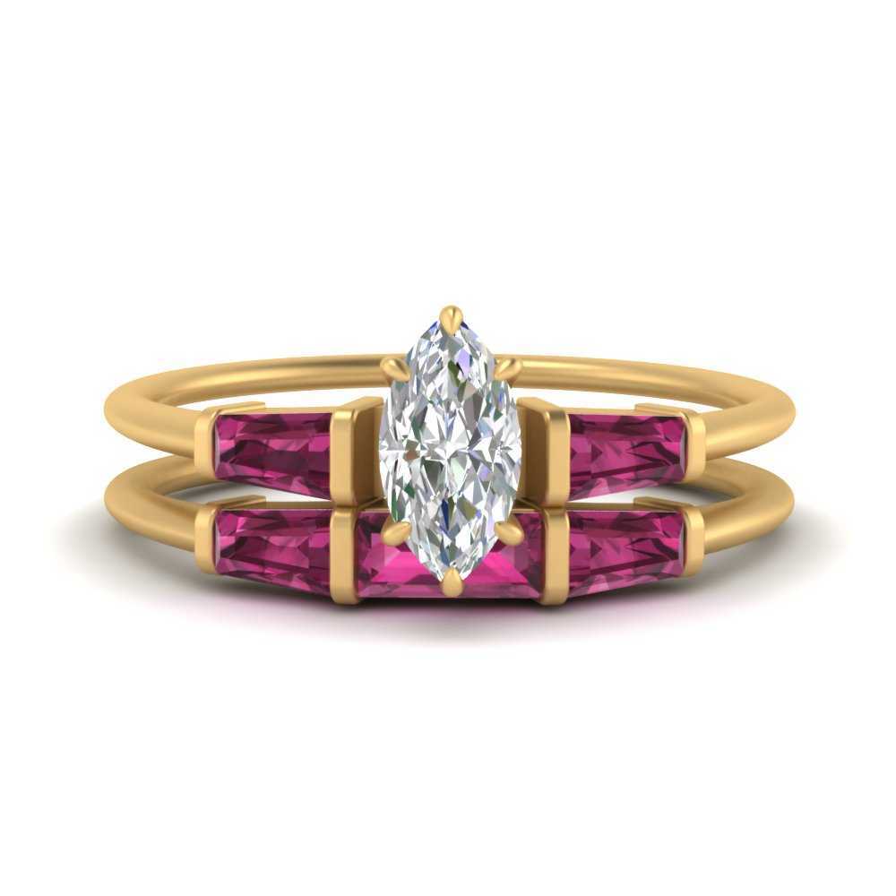 marquise-cut-bar-set-pink-sapphire-ring-with-matching-3-baguette-wedding-band-in-FDENS100MQGSADRPI-NL-YG