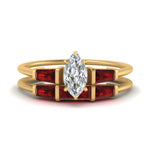 Load image into Gallery viewer, marquise-cut-bar-set-ruby-ring-with-matching-3-baguette-wedding-band-in-FDENS100MQGRUDR-NL-YG
