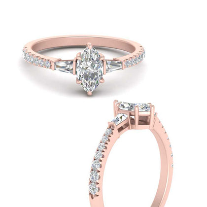 Lab Grown Marquise Cut Diamond Ring with Baguette Side Stones