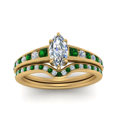 marquise-cut-graduated-channel-diamond-wedding-set-with-emerald-in-FD122866MQGEMGR-NL-YG