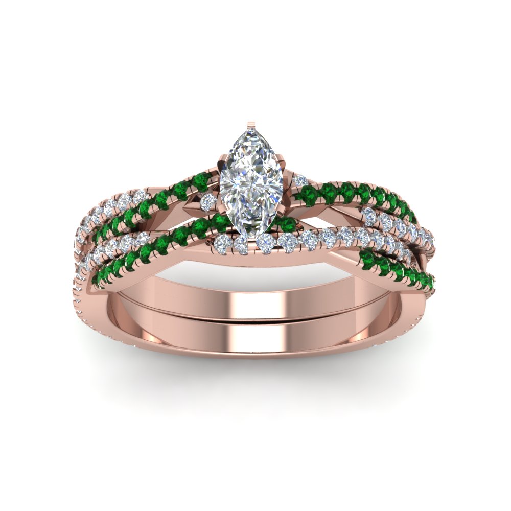 marquise-cut-simple-diamond-twisted-vine-bridal-ring-sets-with-emerald-in-18K-rose-gold-FD8233MQGEMGR-NL-RG