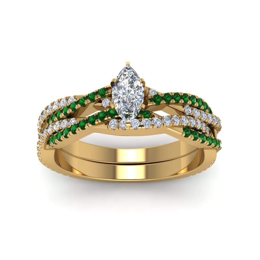 marquise-cut-simple-diamond-twisted-vine-bridal-ring-sets-with-emerald-in-18K-yellow-gold-FD8233MQGEMGR-NL-YG