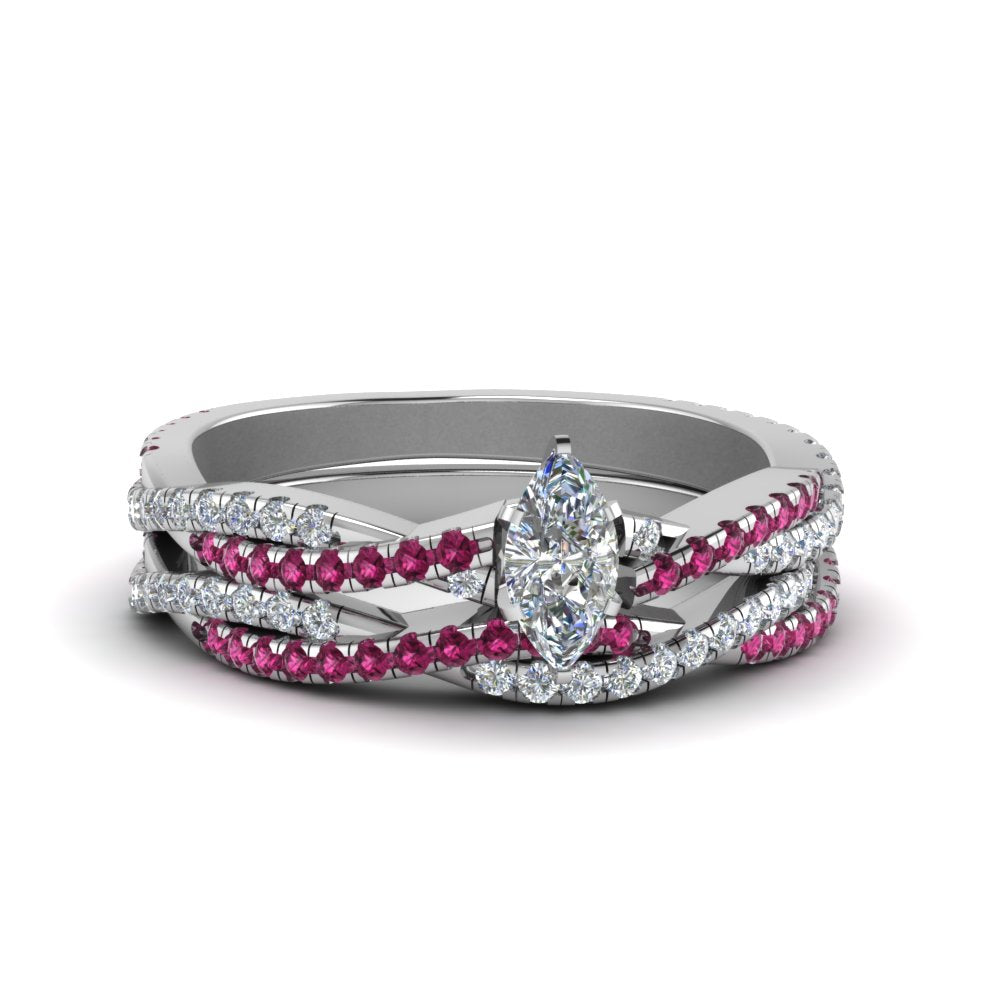 marquise-cut-simple-diamond-twisted-vine-bridal-ring-sets-with-pink-sapphire-in-18K-white-gold-FD8233MQGSADRPI-NL-WG