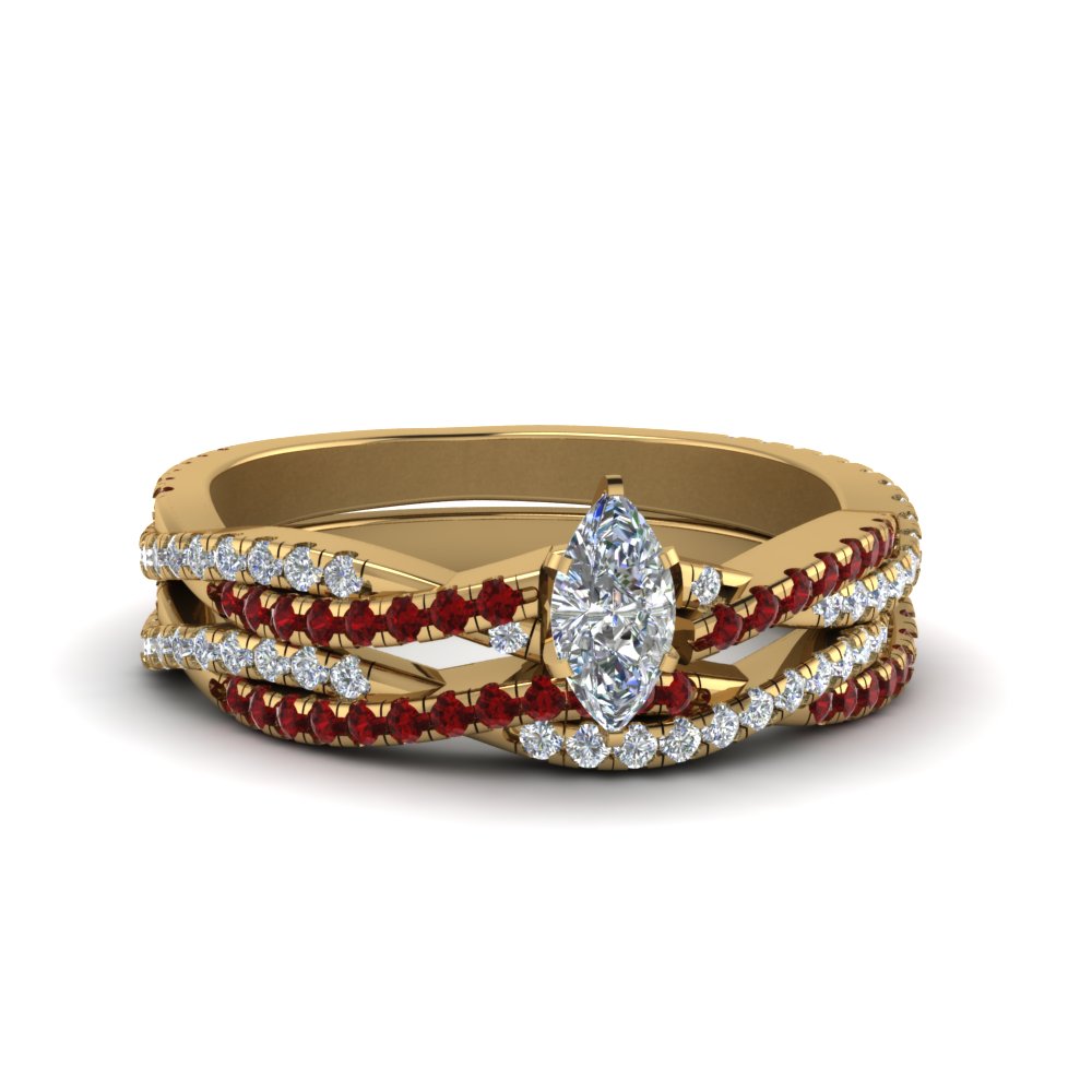 marquise-cut-simple-diamond-twisted-vine-bridal-ring-sets-with-ruby-in-18K-yellow-gold-FD8233MQGRUDR-NL-YG