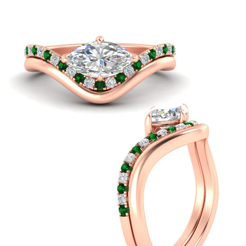 Marquise Lab Diamond Engagement Bridal Set with Curved Plain Band