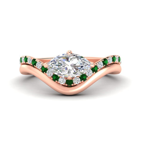 Marquise Lab Diamond Engagement Bridal Set with Curved Plain Band
