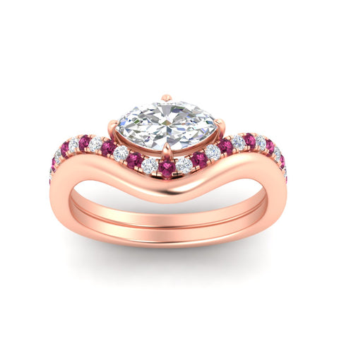 Marquise Lab Diamond Engagement Bridal Set with Curved Plain Band