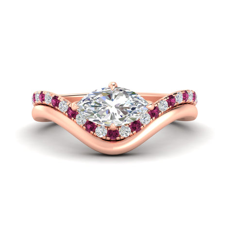 Marquise Lab Diamond Engagement Bridal Set with Curved Plain Band