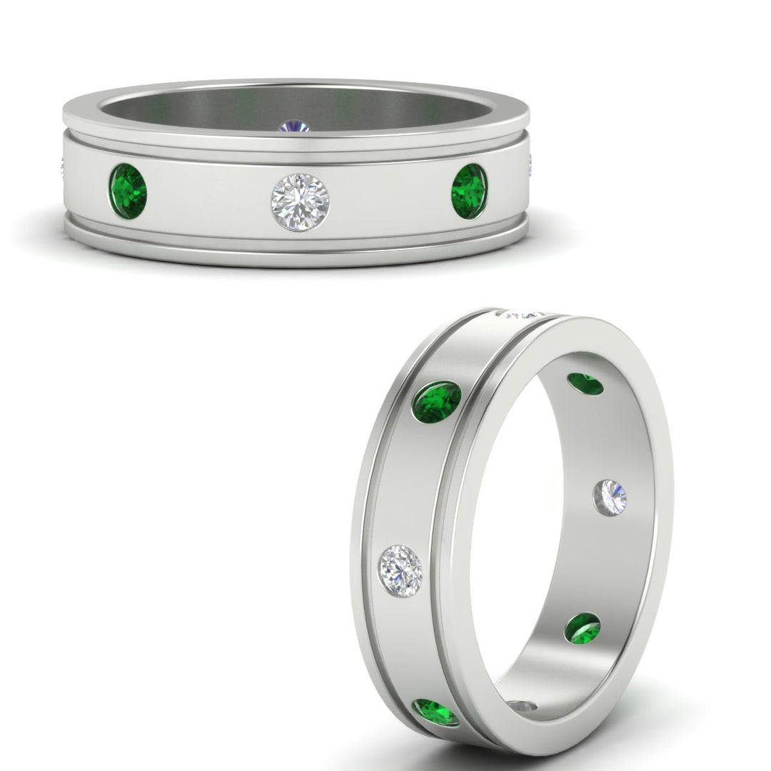 mens-bezel-set-diamond-eternity-engagement-ring-with-emerald-in-white-gold-fdm10342rogemgrangle3-nl-wg