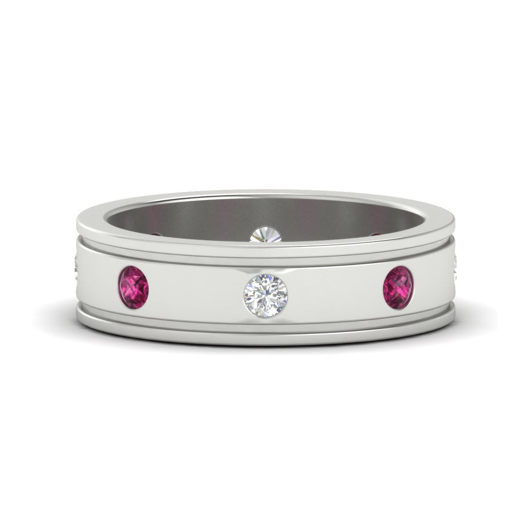 mens-bezel-set-diamond-eternity-engagement-ring-with-pink-sapphire-in-white-gold-fdm10342rogsadrpi-nl-wg