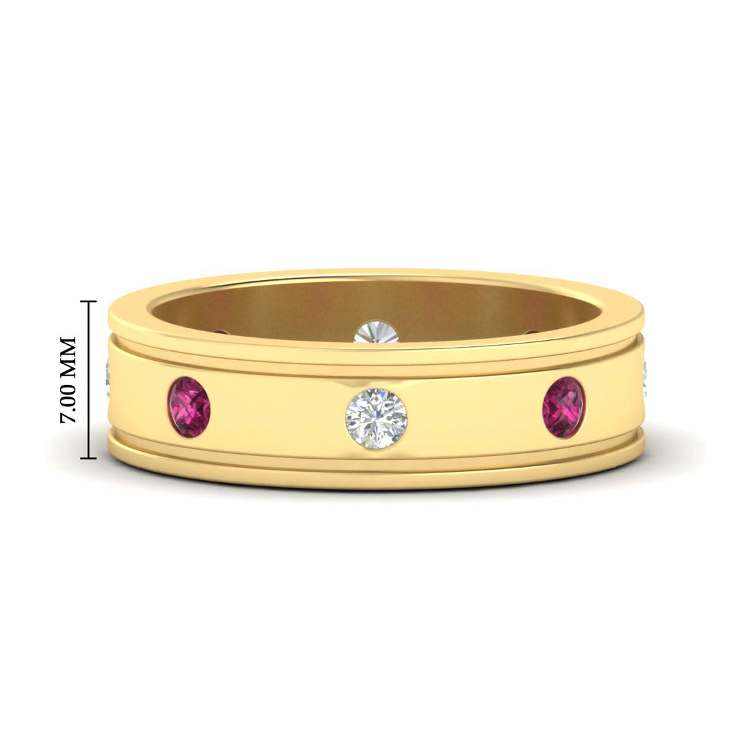 mens-bezel-set-diamond-eternity-engagement-ring-with-pink-sapphire-in-yellow-gold-fdm10342rogsadrpi-nl-yg-hw
