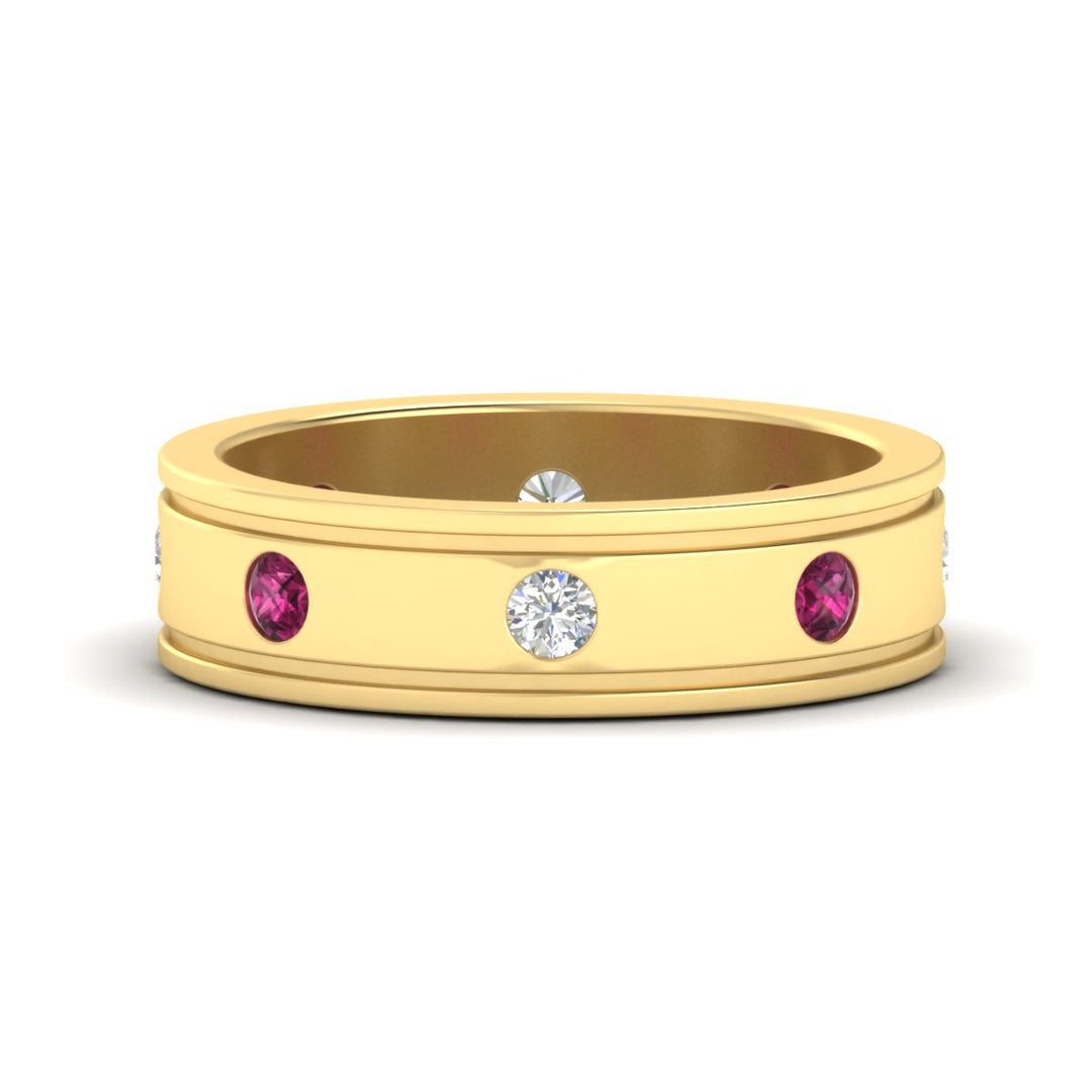 mens-bezel-set-diamond-eternity-engagement-ring-with-pink-sapphire-in-yellow-gold-fdm10342rogsadrpi-nl-yg