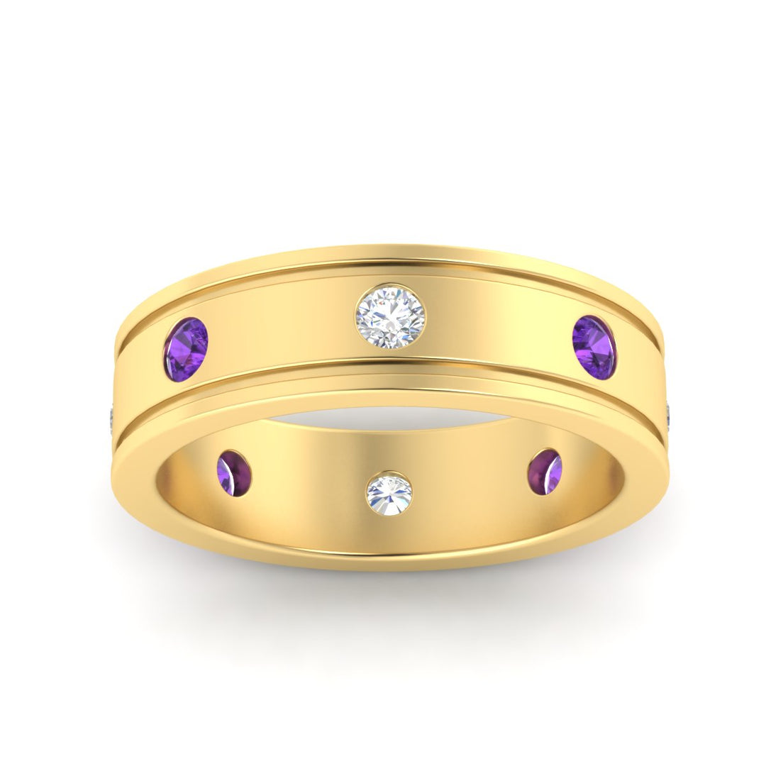 mens-bezel-set-diamond-eternity-engagement-ring-with-purple-amethyst-in-yellow-gold-fdm10342rogvitoangle5-nl-yg