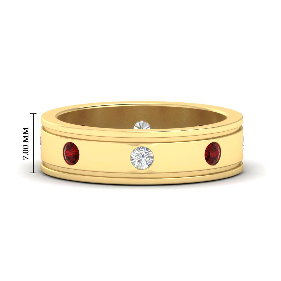 mens-bezel-set-diamond-eternity-engagement-ring-with-ruby-in-yellow-gold-fdm10342rogrudr-nl-yg-hw