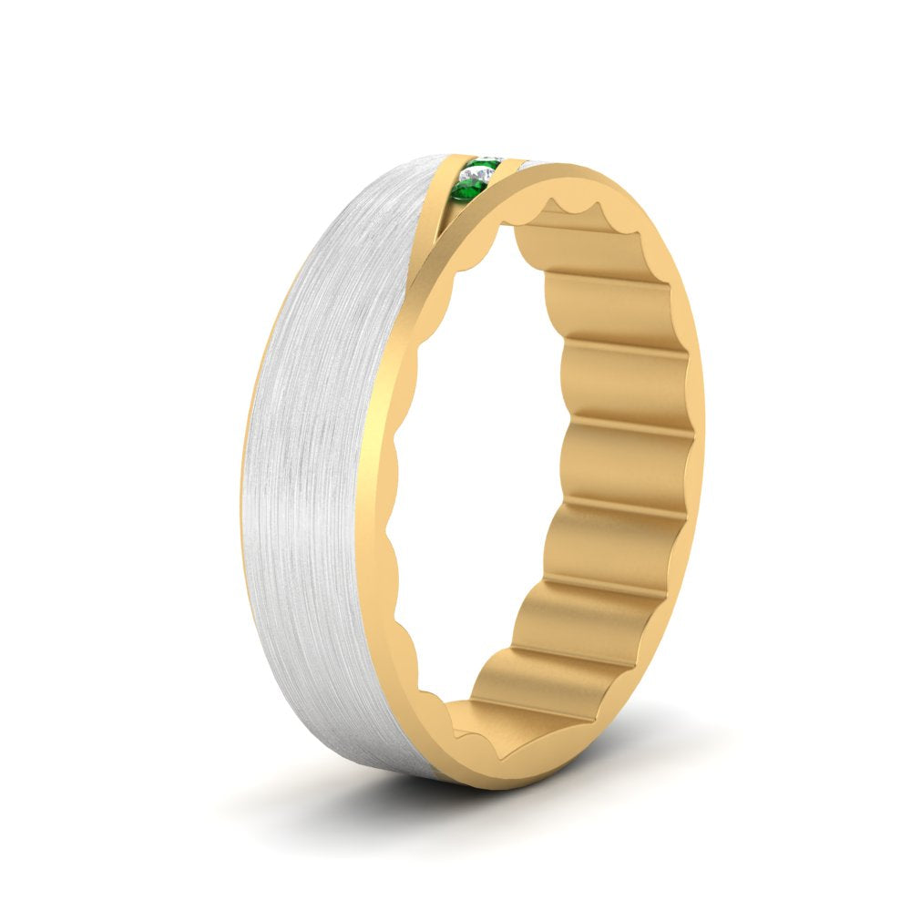 mens-brush-finish-2-tone-emerald-wedding-band-in-yellow-gold-FD10395BGEMGRANGLE2-NL-YG