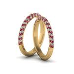 Load image into Gallery viewer, micropave-diamond-band-for-lesbian-couple-with-pink-sapphire-in-14K-yellow-gold-FDLG68373BGSADRPI-NL-YG
